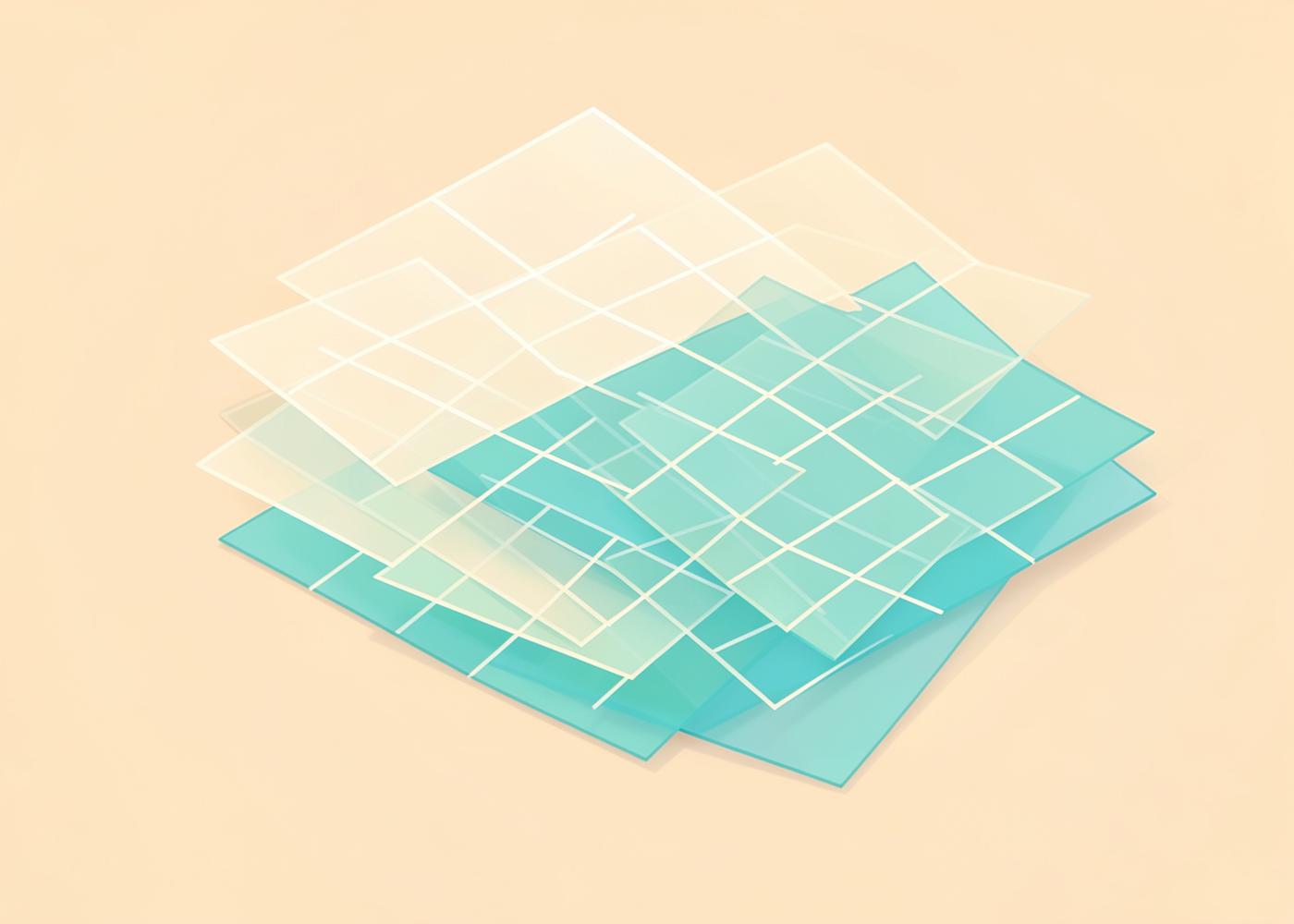 Abstract illustration of layered translucent grids representing software test layers