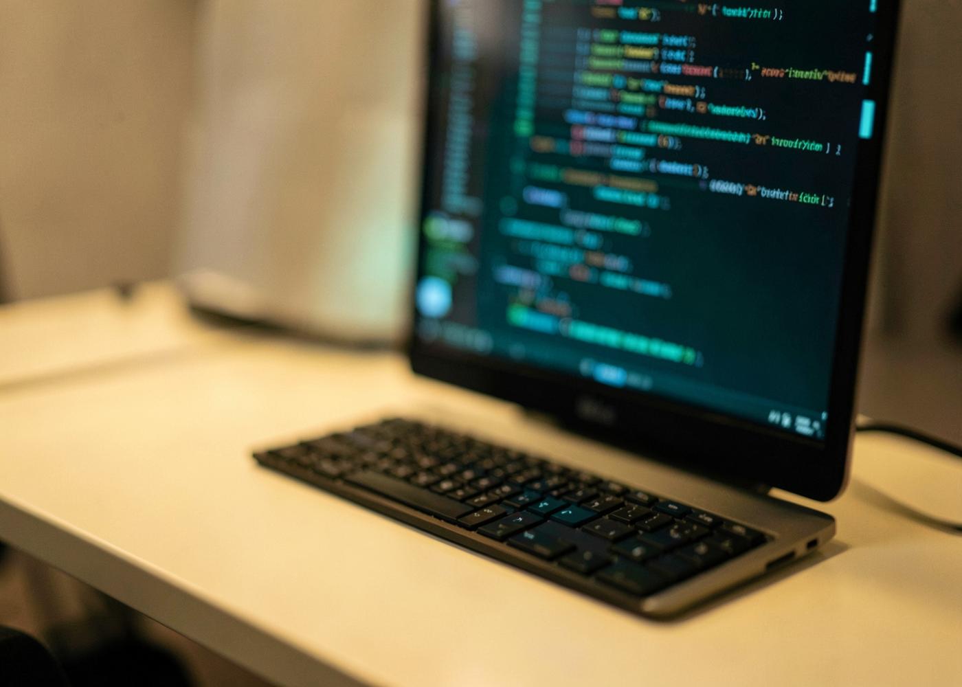 A developer workstation showing source code on a dark monitor